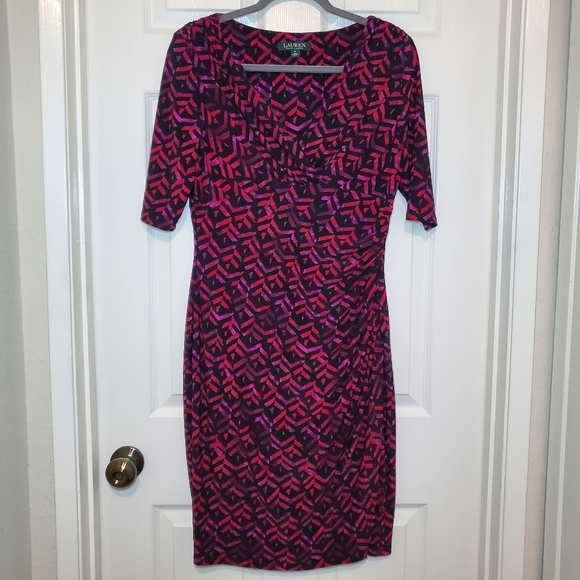 Lauren Ralph Lauren Dresses & Skirts - Lauren Ralph Lauren Elbow Sleeve Jersey Ruched Sheath Dress Black/Berry Sz 12